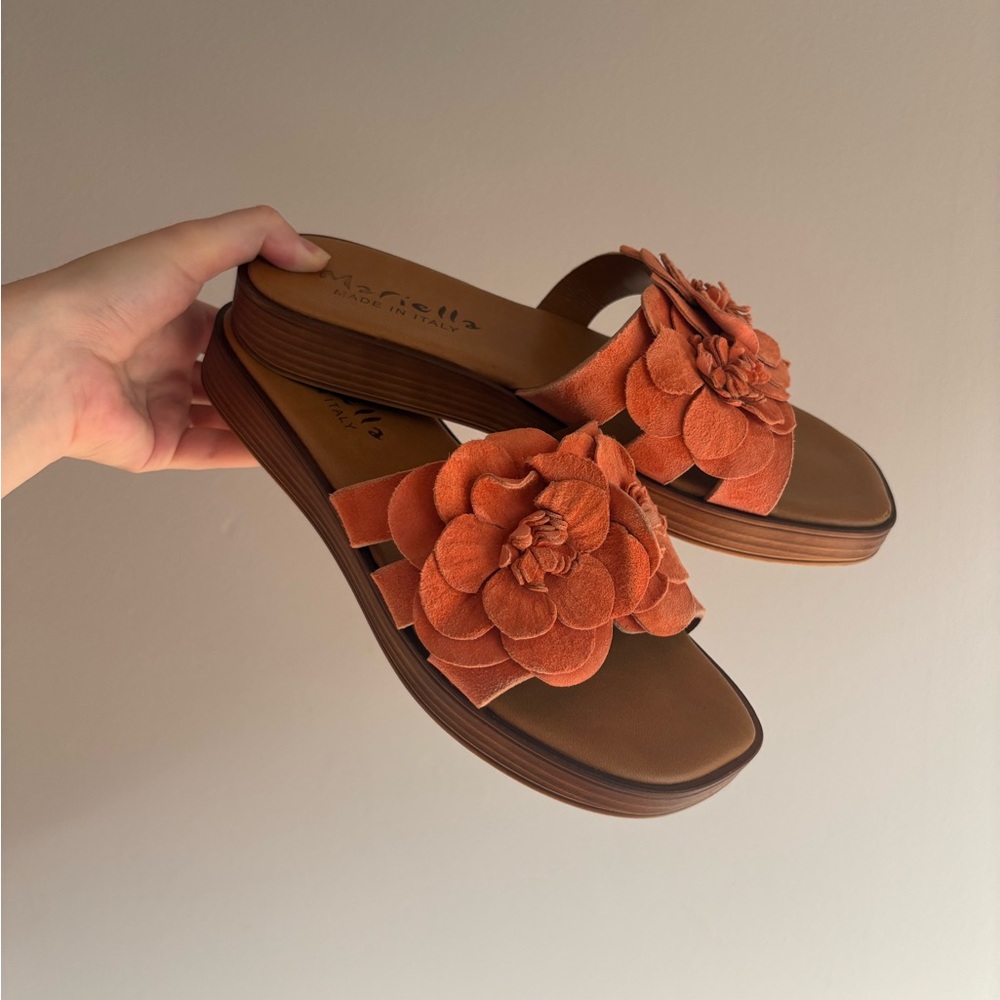 Orange and Brown Suede Floral Sandals